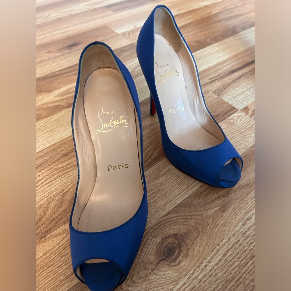 Christian Louboutin Blue Satin Peep Toe Pumps